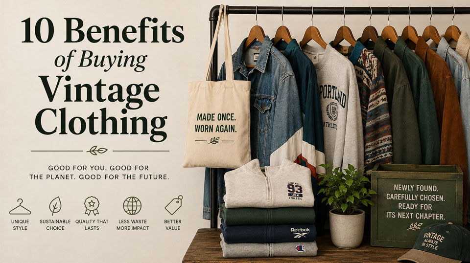 Selection of vintage jackets, sweatshirts and other pre-owned clothing on a rail