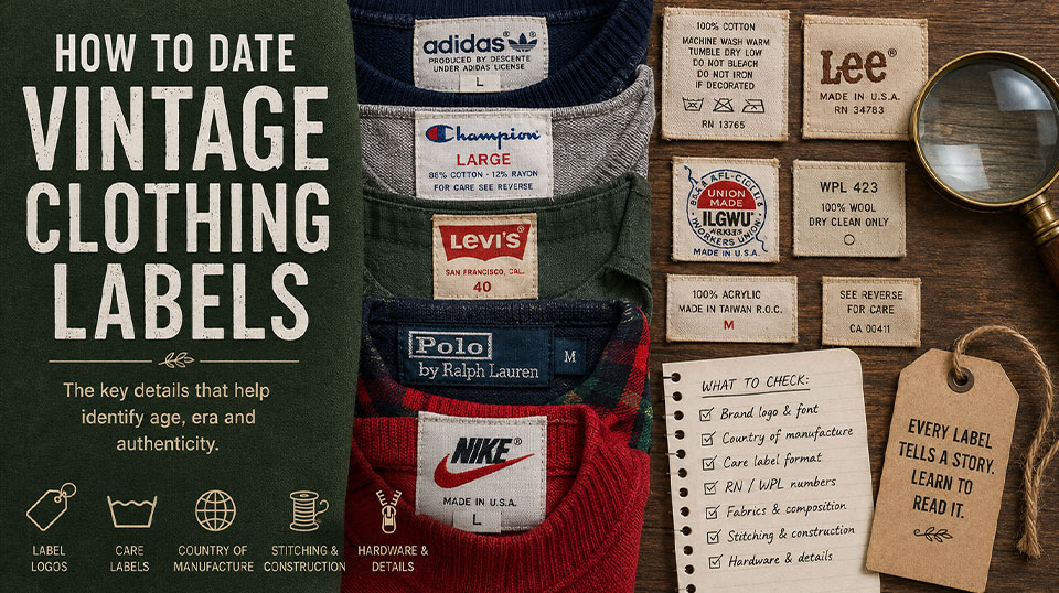 Collection of vintage clothing labels and care tags used to help date older garments