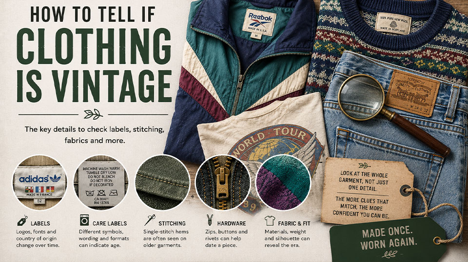 Close-up of vintage clothing labels, stitching and garments used to identify older clothing